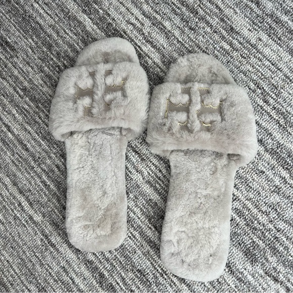 Tory Burch Women's Double TLogo Shearling Slide Sandals shoes Gray Heron Gold 10 - Picture 2 of 5